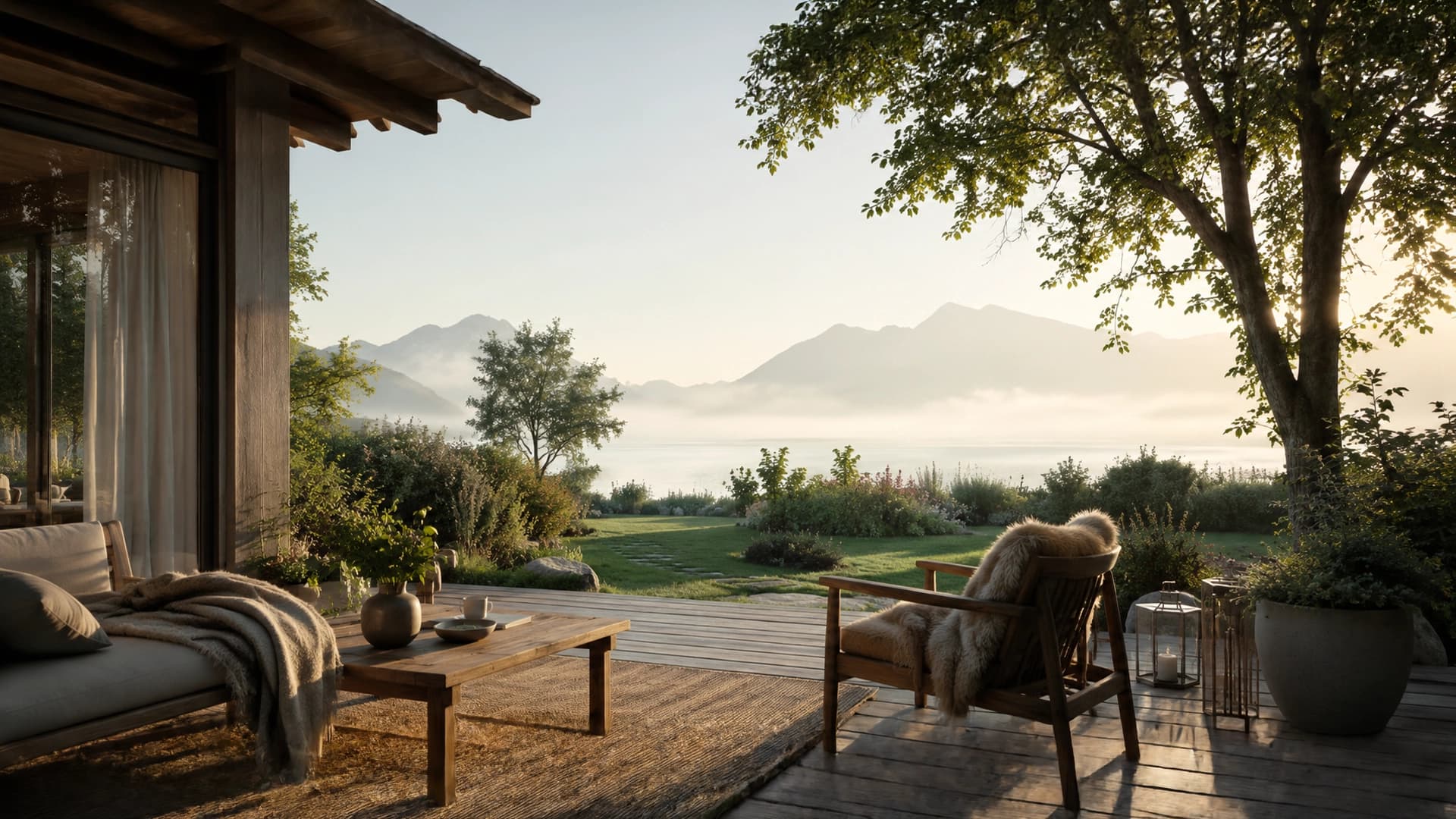 Haus Liora — Terrasse mit Blick auf den Starnberger See im Morgenlicht (fiktives Demo-Beispiel)