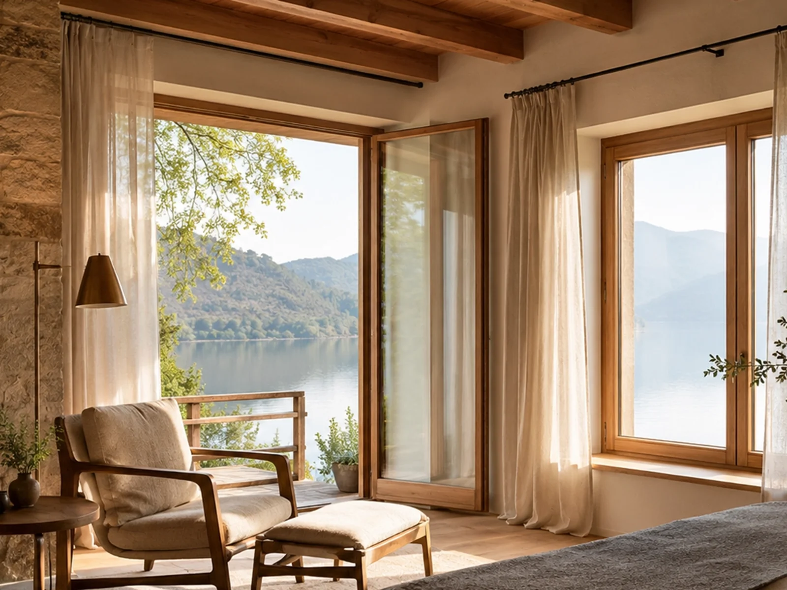 Helles Schlafzimmer mit Leinen und Holz — Haus Liora Demo