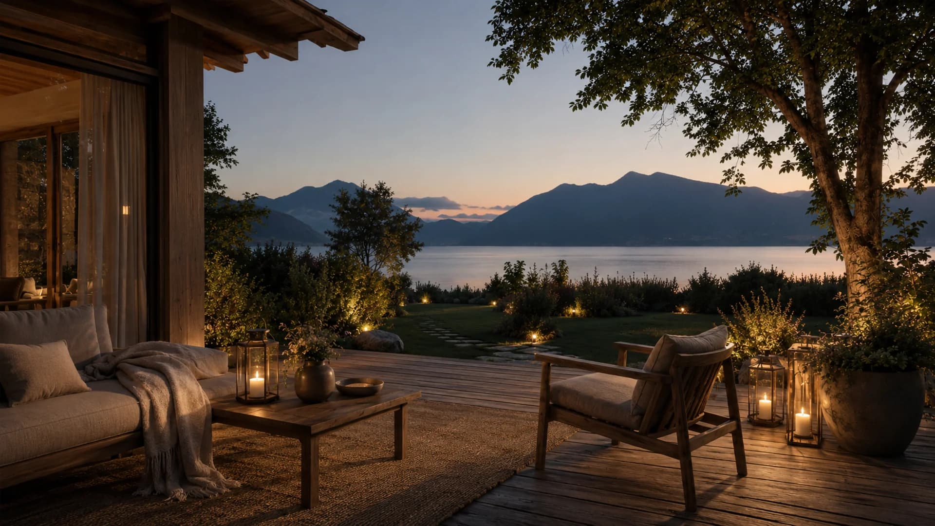 Terrasse am Abend mit Seeblick — Haus Liora Demo